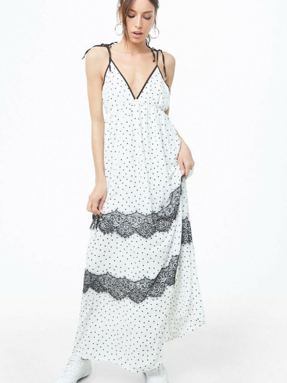 Forever 21 Ivory Black Polka Dot Cami Maxi Dress Small S